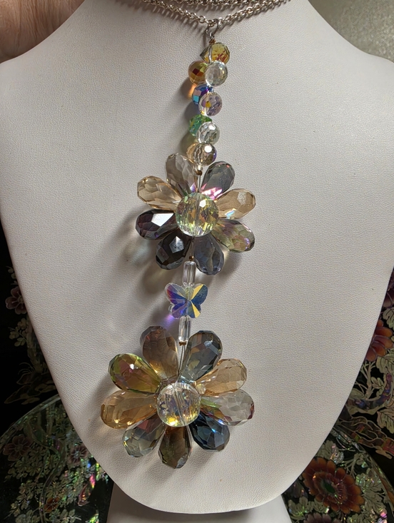 Artisan Jewelry - Aurora Borealis Flower and Butterfly Silver-tone Necklace